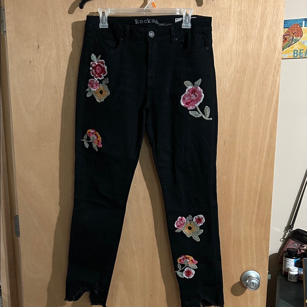 Rocks & Indigo Black Jeans with Floral Embroidery